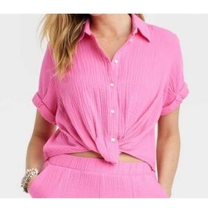 Lucky Brand Cotton Bright Pink Button Down Shirt Blouse sz S